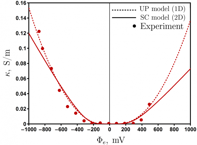 Математическое моделирование ионной проводимости мембран с электропроводящей поверхностью